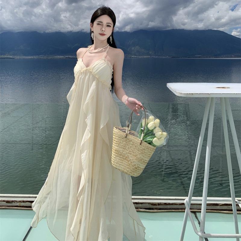 Sexy white suspender neck dress female summer temperament high sense seaside vacation halter fairy long skirt