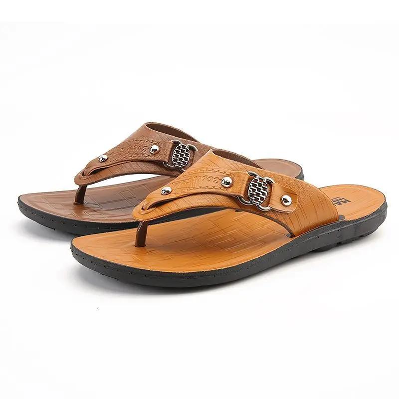 Business Men's Shoe Shiatsu Flat Leather Soft Sabot Outdoor Flip Flops Slides Cheap Shoes Liquidation 2026 Style Male Slipper