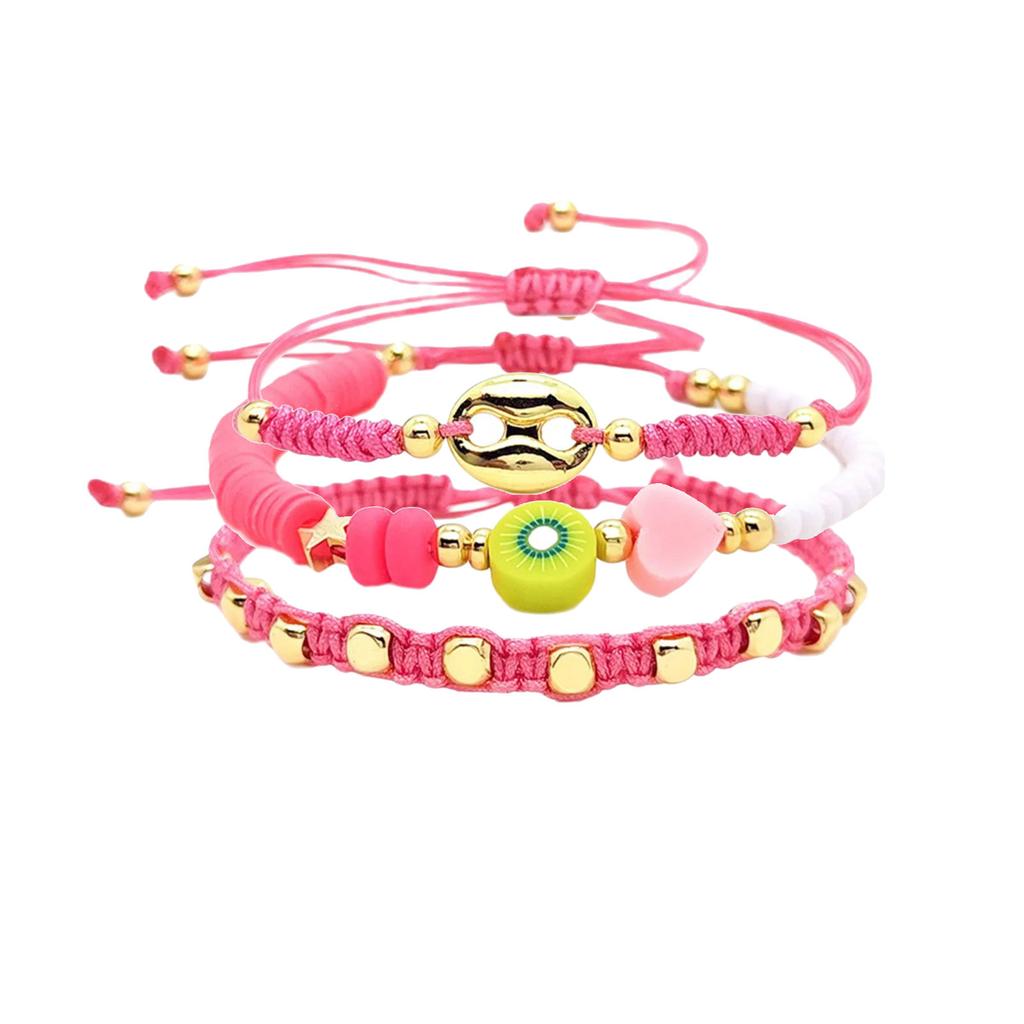 3pcs Bohemian Styles Elegant Bracelets with Pig Nose Beads and Soft Clay Fruit Charm Accessory for Everyday Wear