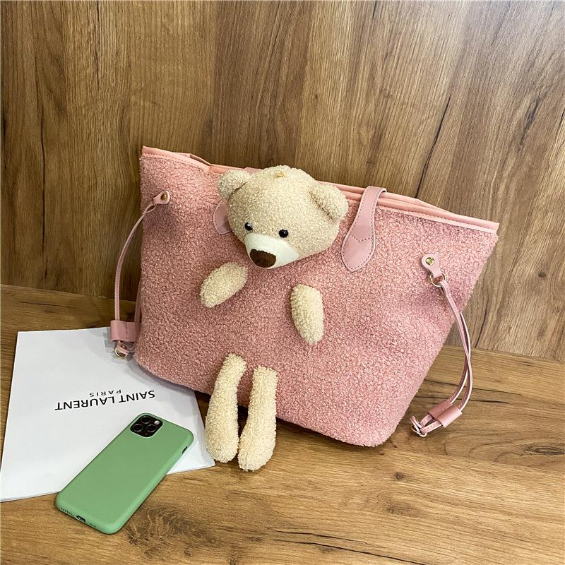 Dámská taška přes rameno Bear Velkokapacitní semišová kreslená taška Plyšová taška