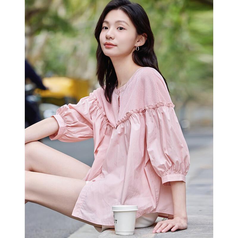 Demana French Design Ruffle Patchwork Blouse L