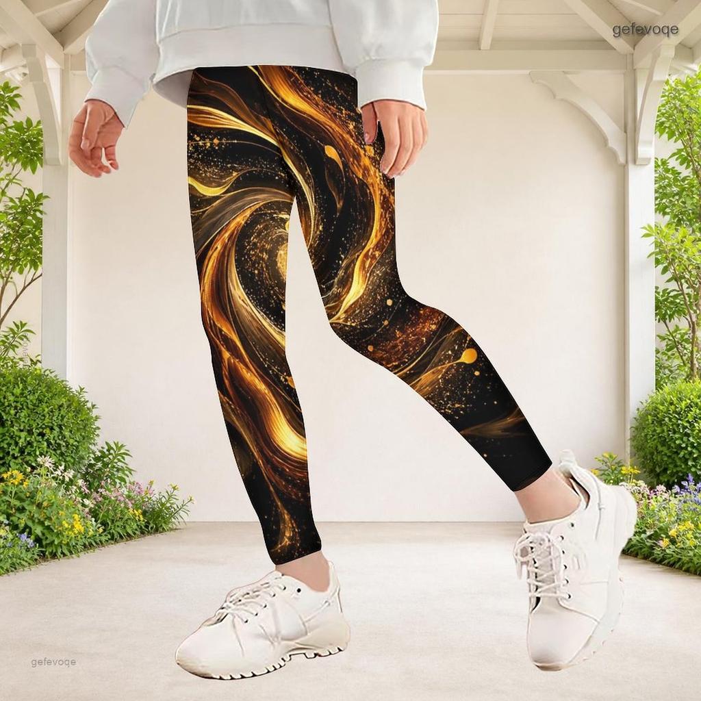 Girls Red Black Abstract Printed Full Length Stretch Waist Yoga Leggings