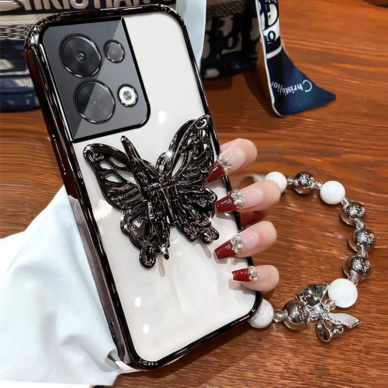 3D Butterfly Phone Holder Bead bracelet Glitter Plating Case for OPPO Reno 8 7 Pro Plus 4G 5G Back Cover