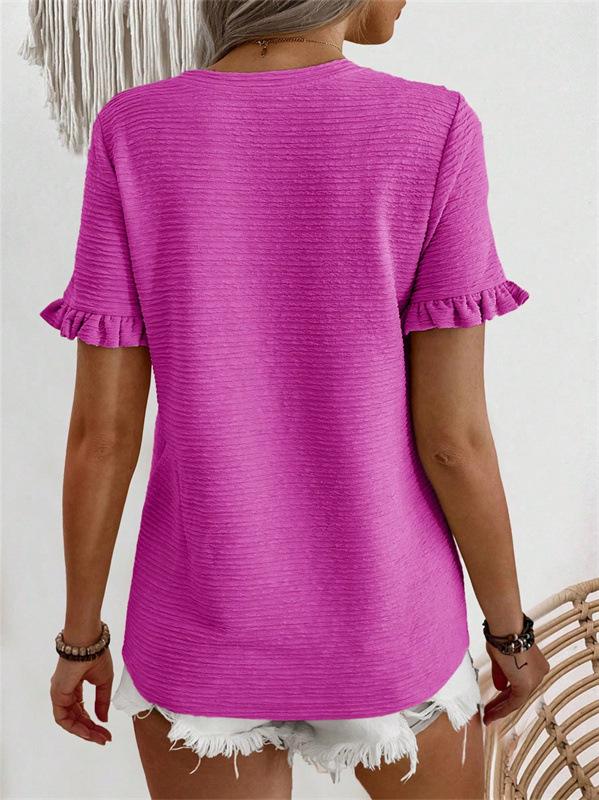 2024 European Summer Women's Ruffle Sleeve Round Neck T-shirt - Comfortable & Versatile Solid Color Top