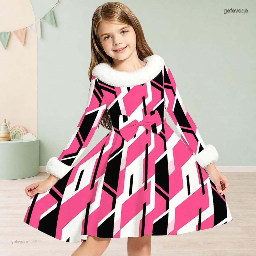 Girls High Neck Long Sleeve Geometric Printed Dress Furry Collar And Cuffs A Line Flared Hem