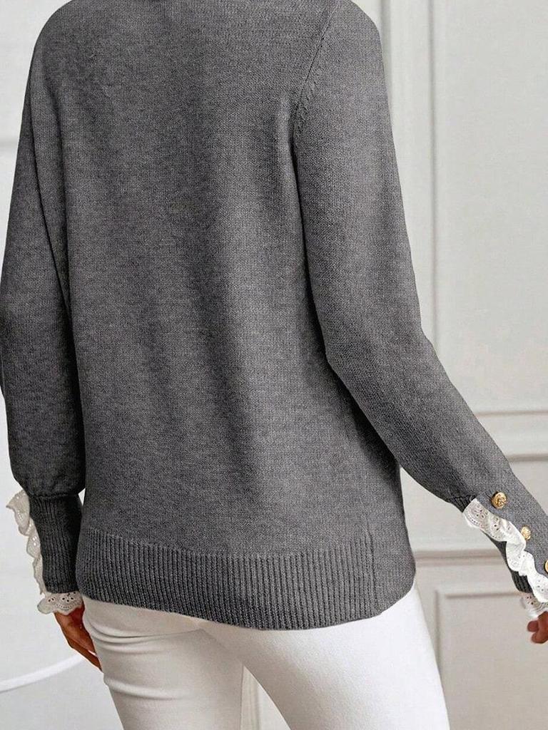2025 Autumn/Winter Women's Solid Color Pullover Sweater - European & American Fashion, Playful Lace Patchwork, Long Sleeve, Thick Top.