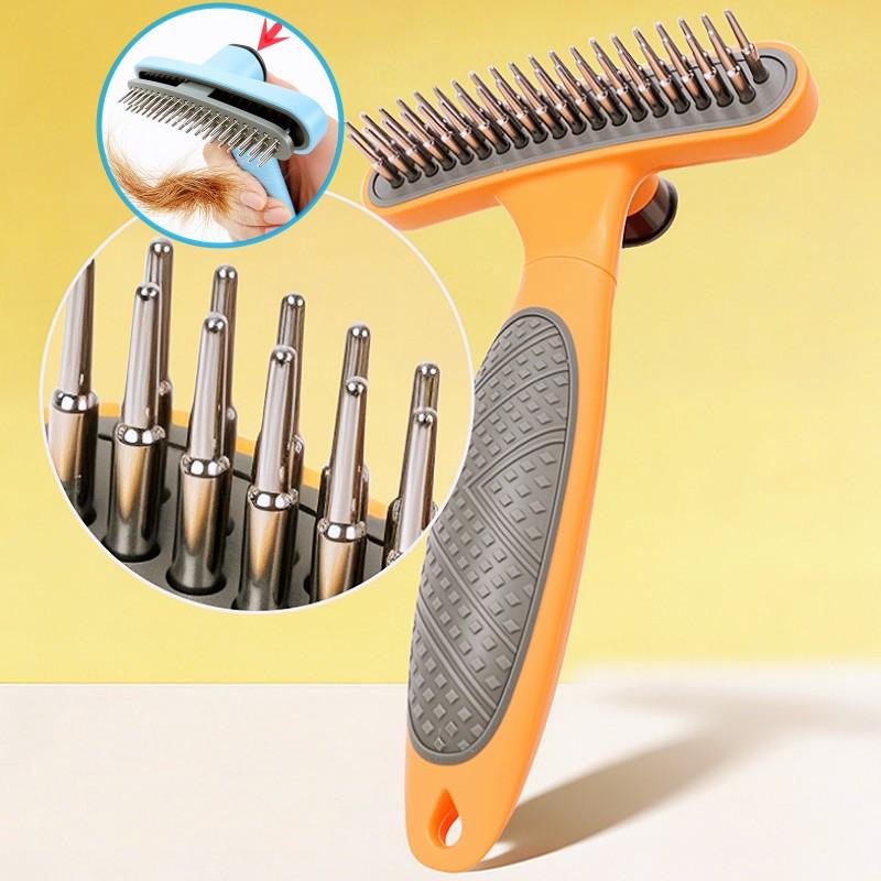Dog Comb One-click Dog Brush Double Row Rake Combs for Dogs Hair Knot Cleaning Self Cleaning Dogs Rake Comb Pet Grooming Brush