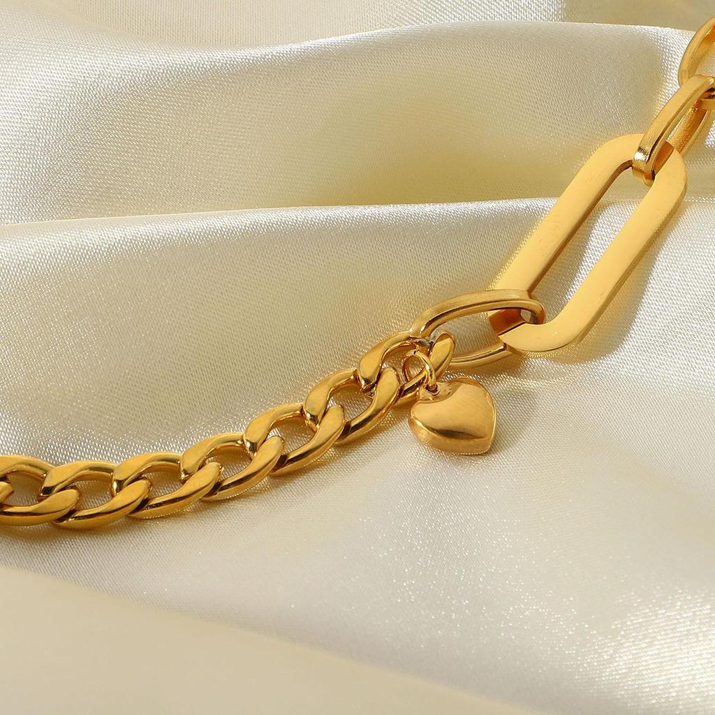 18K Gold-Plated OT Buckle Bracelet with Stainless Steel Cuban and Oval Chain, Featuring Small Heart Pendant