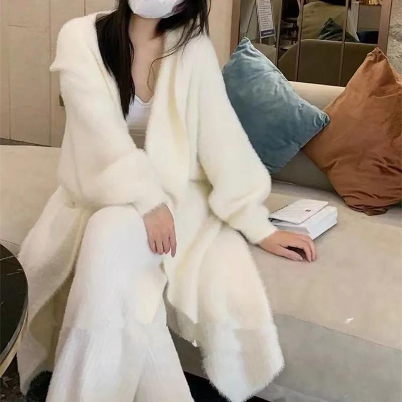 Long Cardigan for Women Autumn Winter Clothes Knitted Fluffy Long Sleeve Cashmere Sweater Coat Korean Style Warm Vintage