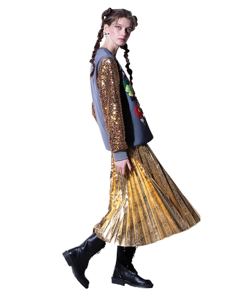 Greedius Gold Crocodile Pattern Pleated Skirt