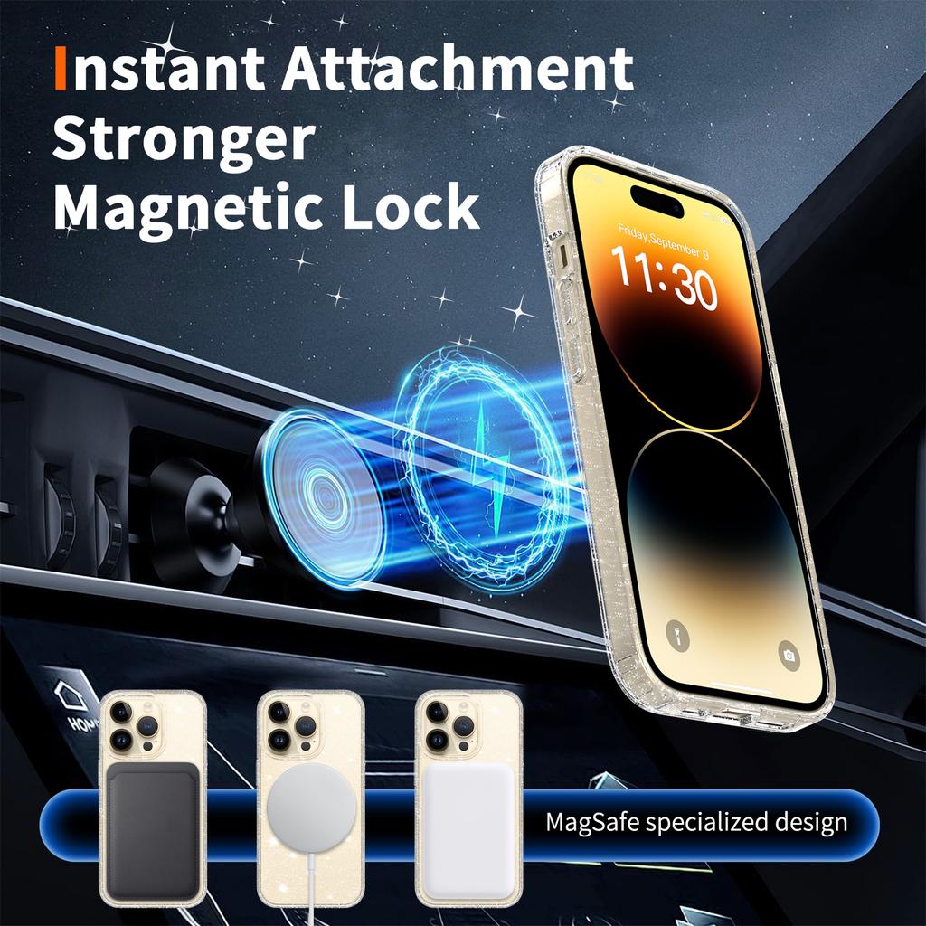 Anti-Yellowing Mag Safe Phone Cover for Magsafe Iphone 17 Pro Max Air 17Pro Iphone17 16 Plus 16E 15 14 Pro 13 Pro Clear Glitter Case