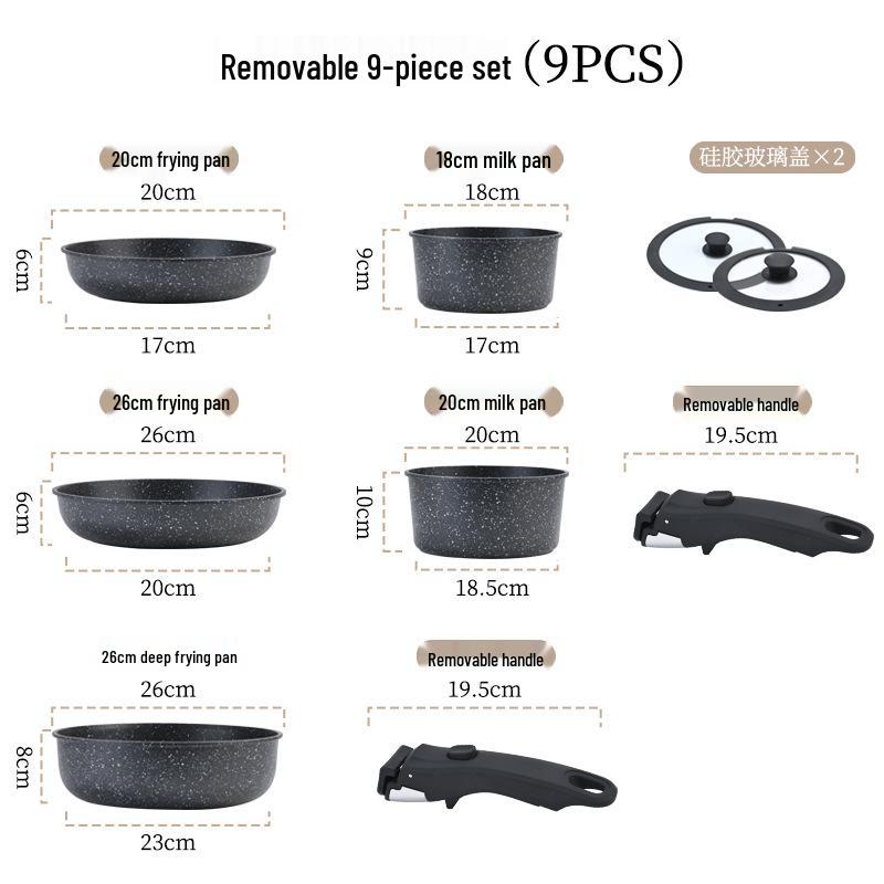 Detachable Handle Non-Stick Maifan Stone Cookware Set: Stir-Fry & Flat-Bottomed Pan for Induction Cookers.