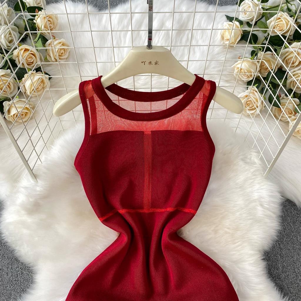 Summer Women Sleeveless Office Business Knitted Sweater Mesh Patchwork Sheath Bodycon Midi Dresses