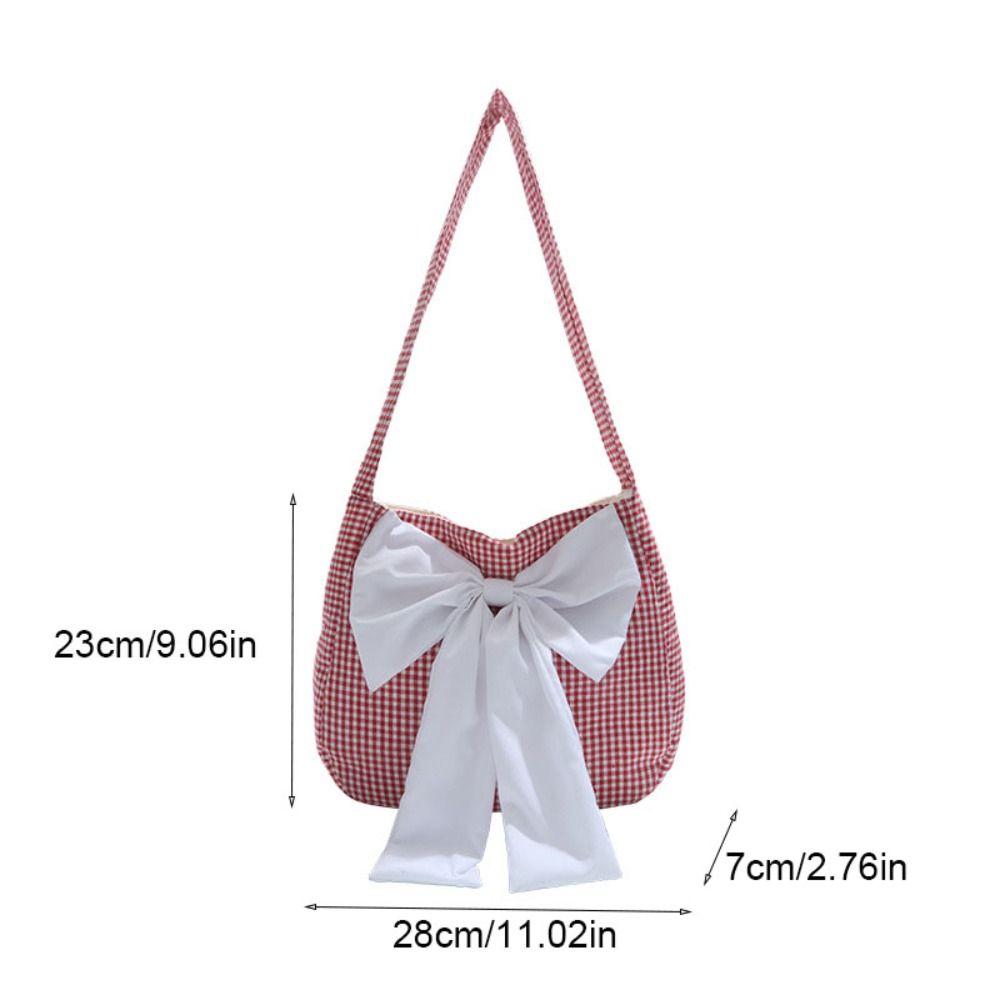 Lattice Plaid Shoulder Bag Cloth Canvas Tote Bag Simple Bow Shoulder Bag  Student
