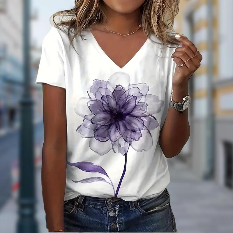 

Элегантные блузки с рисунком цветов лотоса, футболки с коротким рукавом и V-образным вырезом, повседневные M фиолетовый