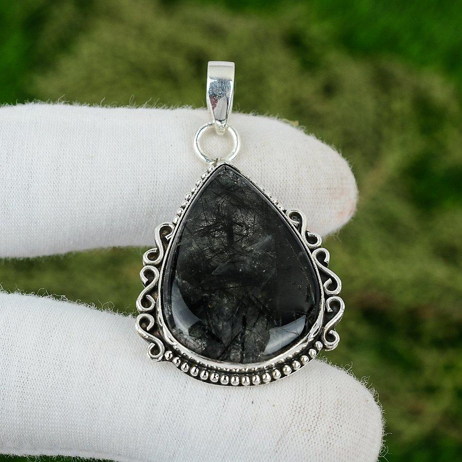 Natural Black Rutile Gemstone Pendant 925 Sterling Silver Indian Jewelry