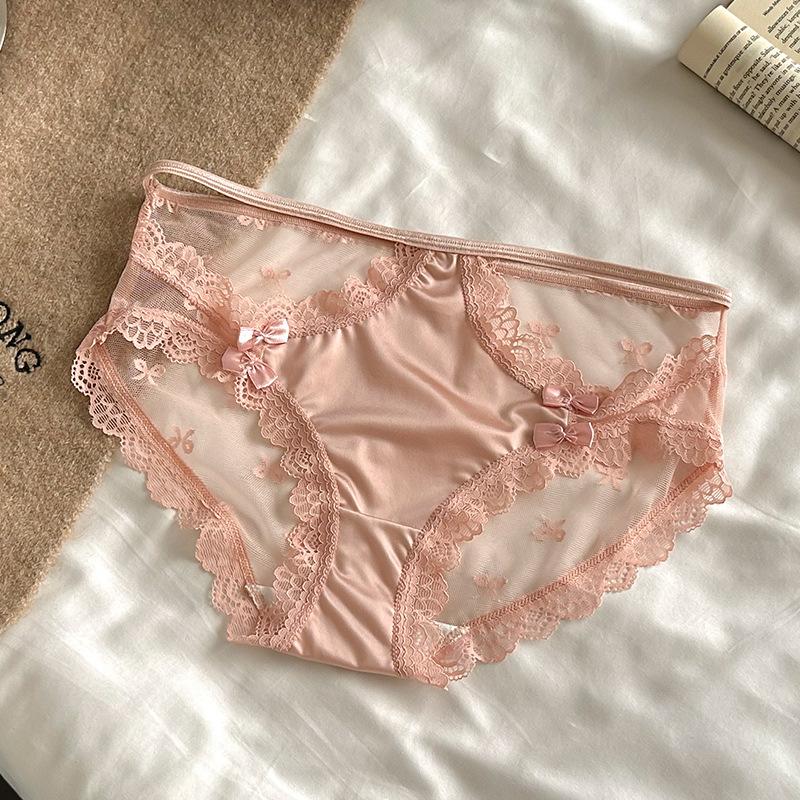 Ladies New Summer Sexy Lace Hollowed Out Bow Package Hip Mid Waist Triangle Briefs