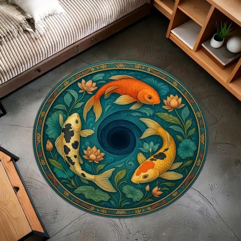 Visual Three-dimensional Koi Circular Carpet Flower Lotus Pond Carpet Oriental Japanese Living Room Bedroom Decorative Floor Mat