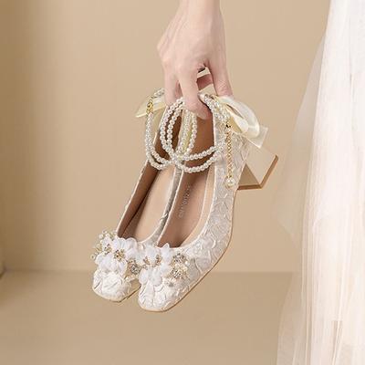 Sweet Single Shoes Shallow Mouth 2025 Spring and Summer New Pearl Chain Square Head Middle Heel Shoes Children Versatile Chinese Bridesmaid Shoes