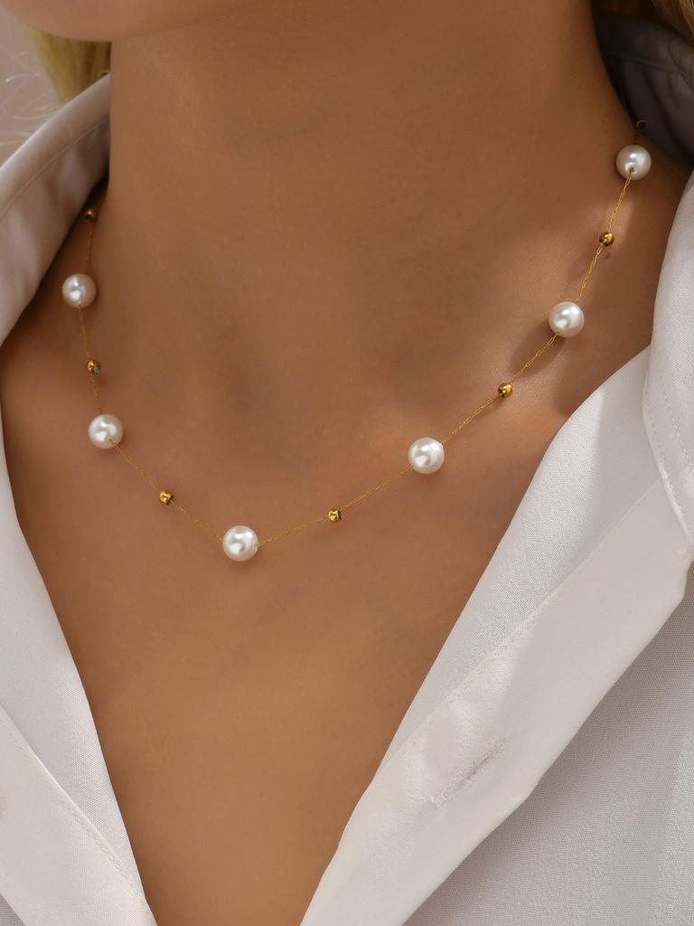 18k Gold Plated Stainless Steel Beaded Necklace, Suitable for Daily Wear and Holiday Gifts for Friends