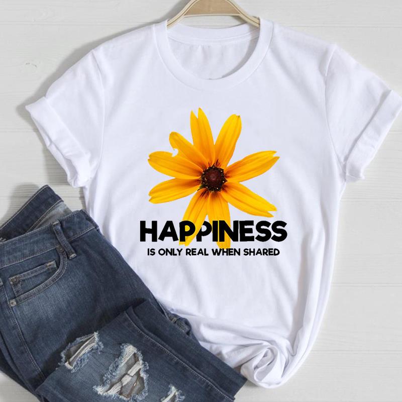 (European Size)90s Fashion Tee Clothing Casual Top Flower Lovely Trend T Shirt Short Sleeve Women Print Lady Female Graphic T-shirt
