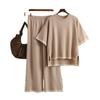 Women Temperament Contrast Color Split Short Sleeve Knitwea High Waist Slim Wide Leg Pants Two Piece Set