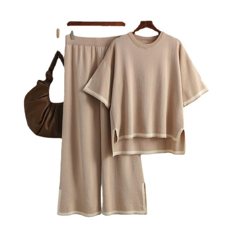 Women Temperament Contrast Color Split Short Sleeve Knitwea High Waist Slim Wide Leg Pants Two Piece Set