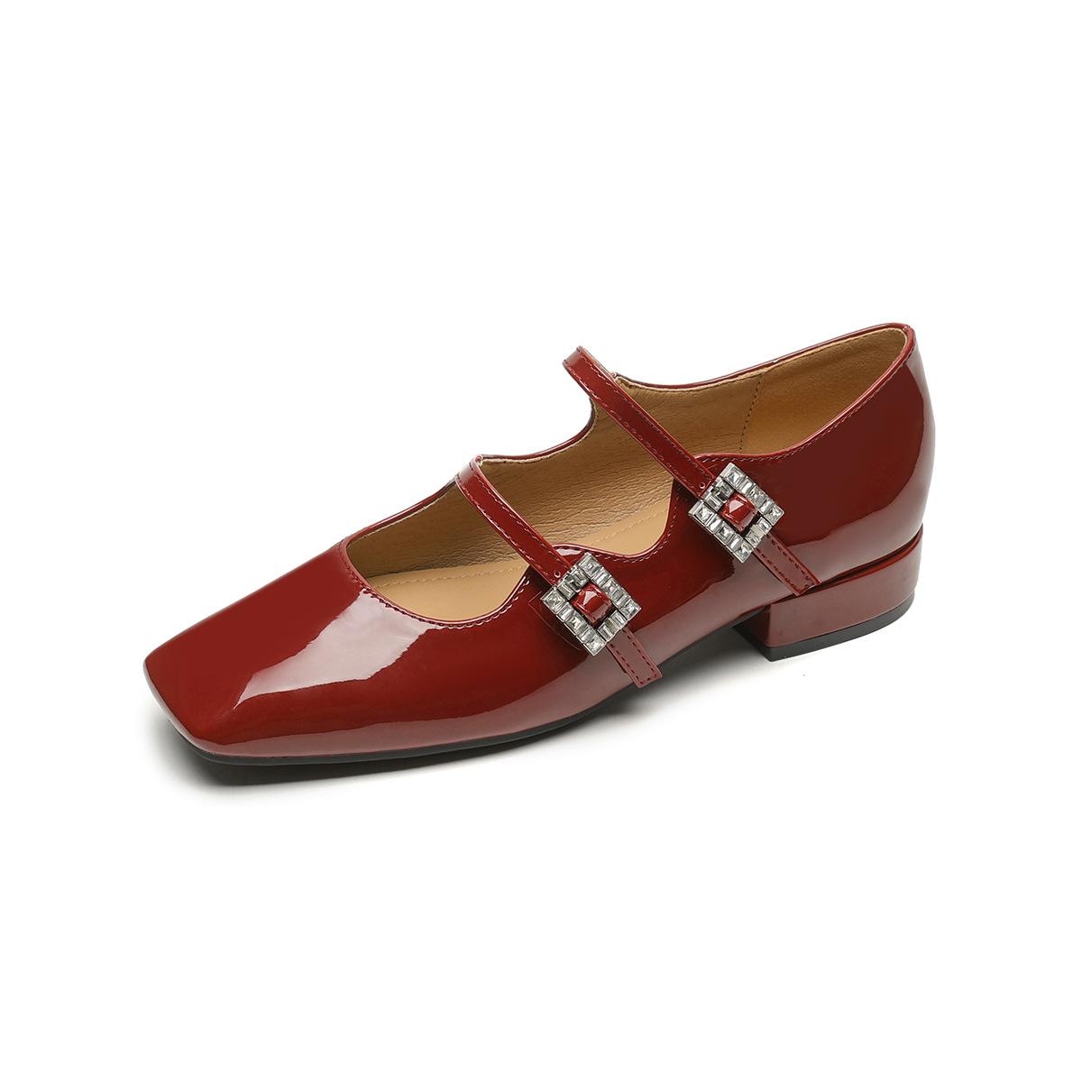 

Weiwei girl 6331-3 square head French small fragrant Mary Jane shoes shallow mouth one-word buckle belt thick heel single shoes women 42 бордовий