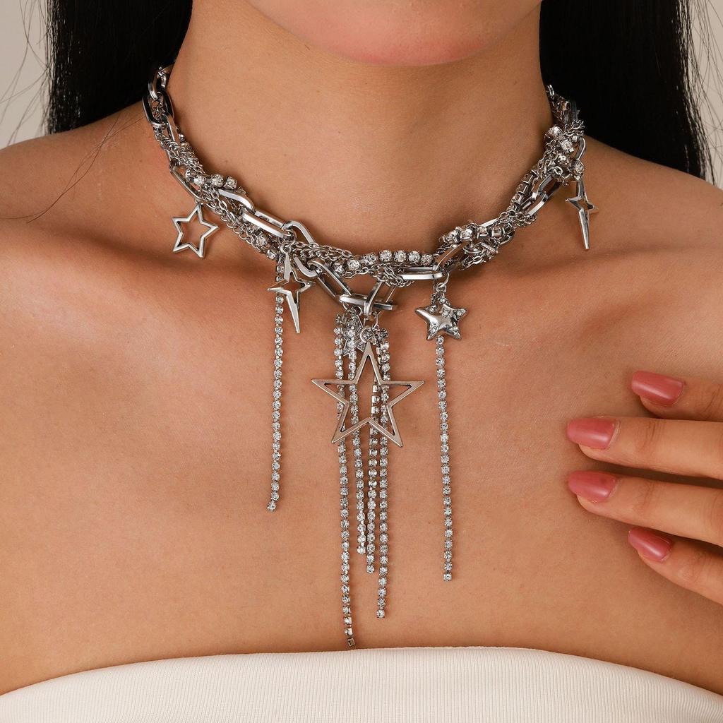 Silver Multi-Layer Star Tassel Necklace with Clavicle Chain