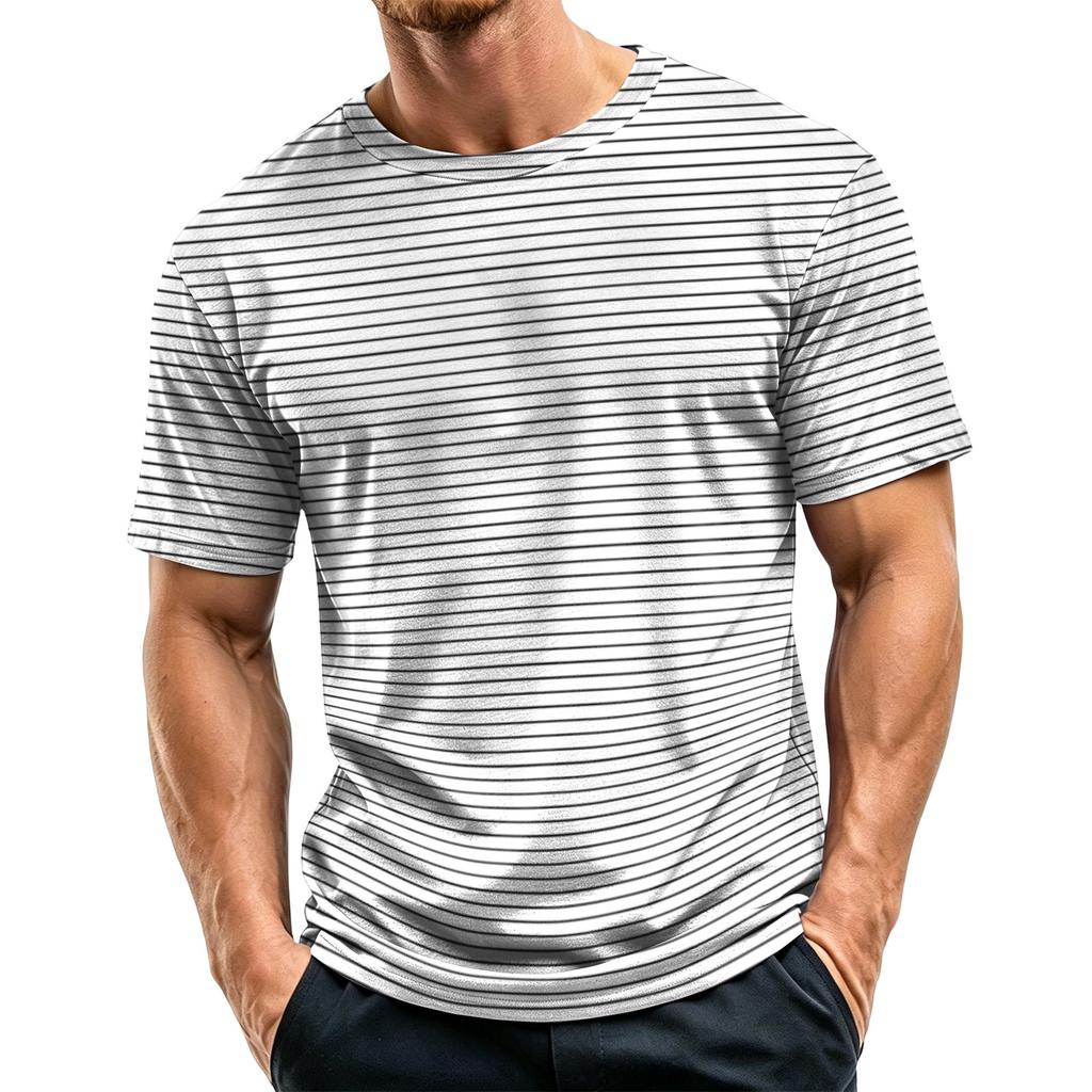 Men's Casual Quick-Dry Round Neck Short Sleeve Striped T-Shirt - Lightweight Mesh Breathable