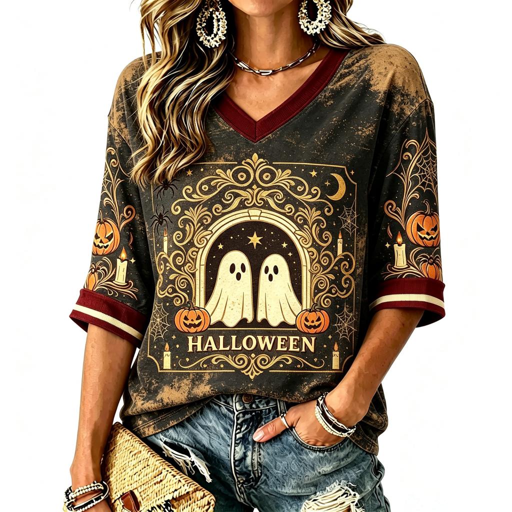 Women's Fashion Casual Halloween Print V-Neck T-Shirt