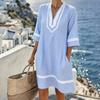 Boho bedrucktes V-Ausschnitt lockeres Strandkleid Kurzarm Sonnenschutz Cover-Up für den Sommerurlaub