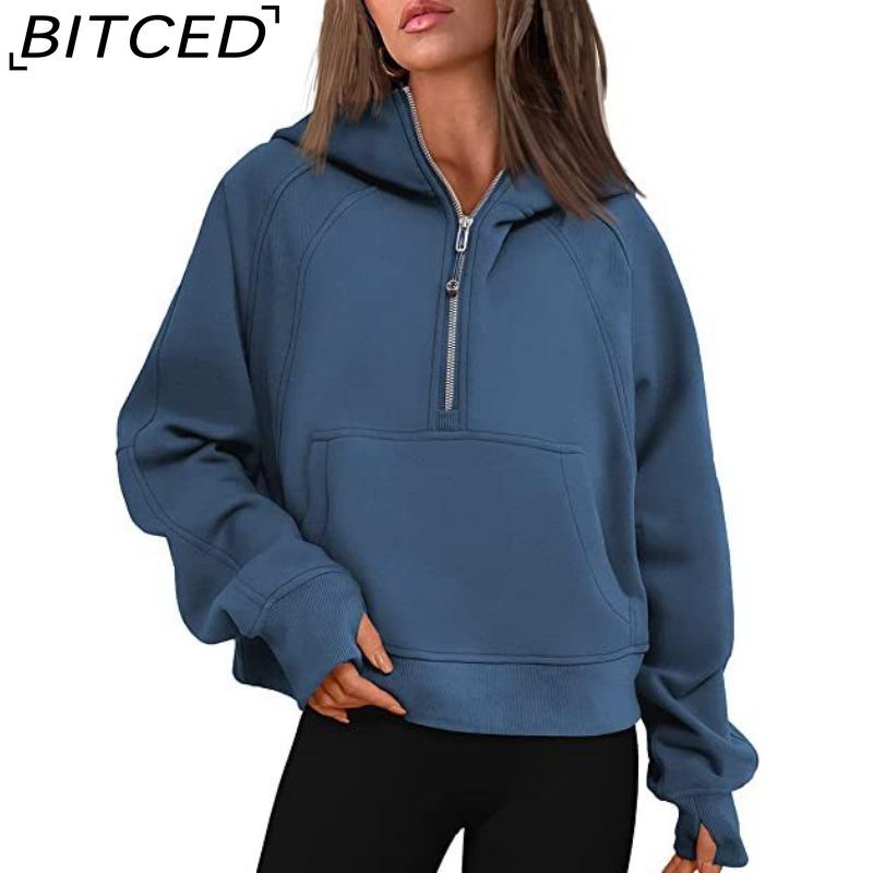 BITCED Autumn/Winter Yoga Wear Women's Sports Half-Zip Hooded Sweatshirt Loose-Fit Fleece-Lined Women's Casual Top