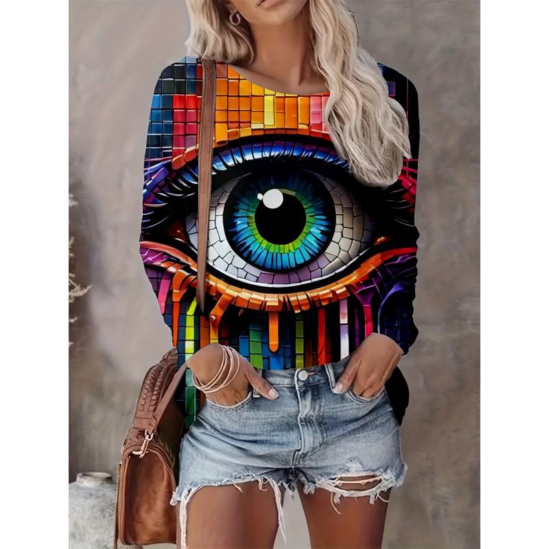 Womens Casual Abstract Print Long Sleeve Crew Neck T-Shirt 3D Effect 2025 Comfort Fit