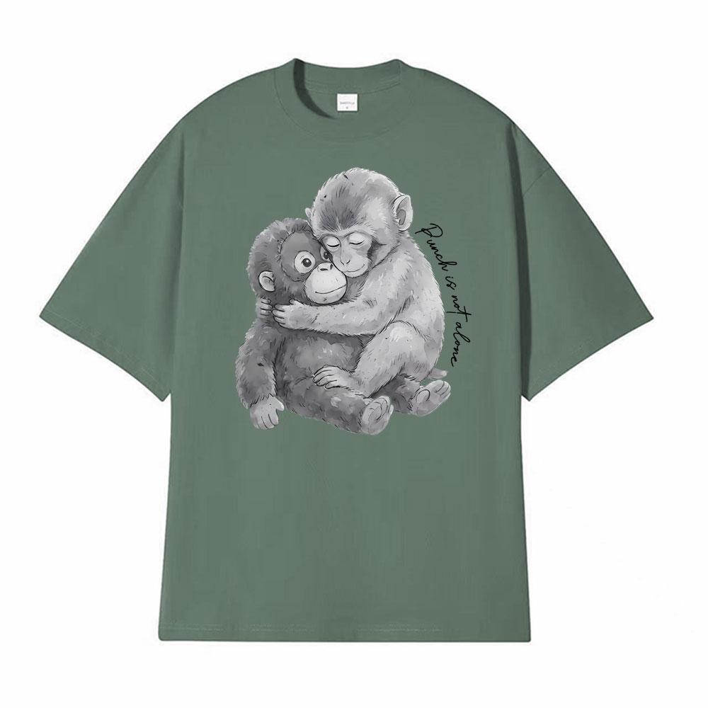 Punch Monkey Hug Is Not Alone Graphic Tshirts Men Women Clothing Vintage Fashion Cotton Tshirt High Quality T Shirt Streetwear