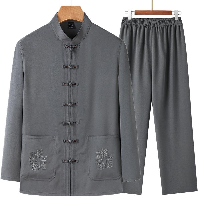 Pánský Tang oblek s dlouhým rukávem: Hanfu v čínském stylu pro jaro/léto - Ideální pro střední věk a seniory, tatínkovo a dědečkovo tričko na tai-či