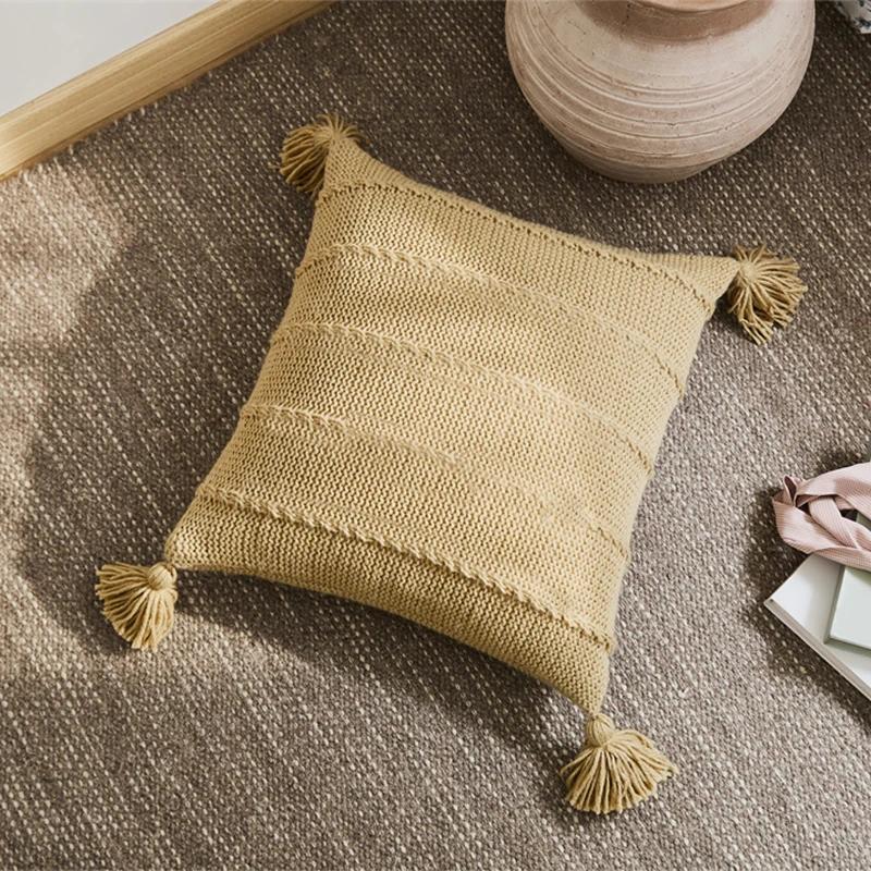 YIRUIO Scandinavian Style Cable Knit Pillow Case Fall Decor Kawaii Tassel Stripe Design Soft Sofa Bed Throw Pillow Case Cover