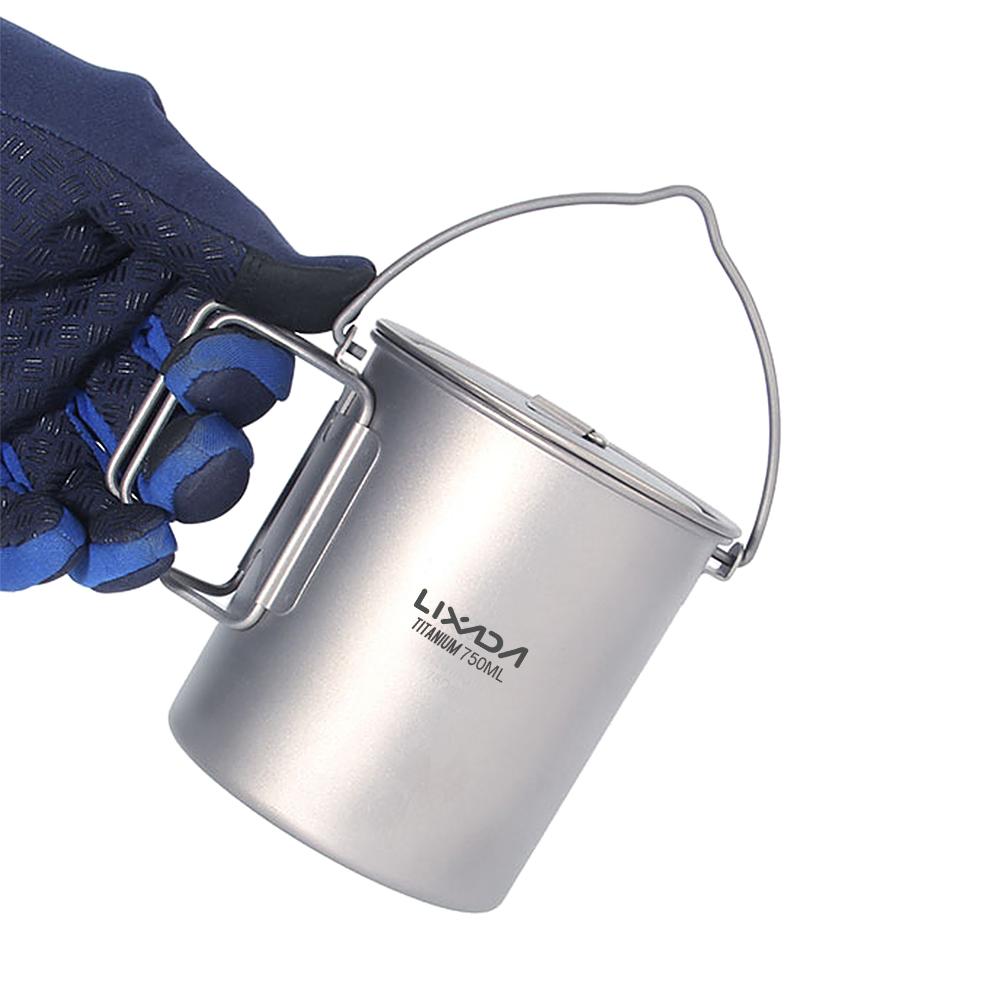 Lixada 750ml 900ml 1100ml Ultralight Titanium Pot Water Mug Cup with Lid and Foldable Handle Outdoor Camping Cooking
