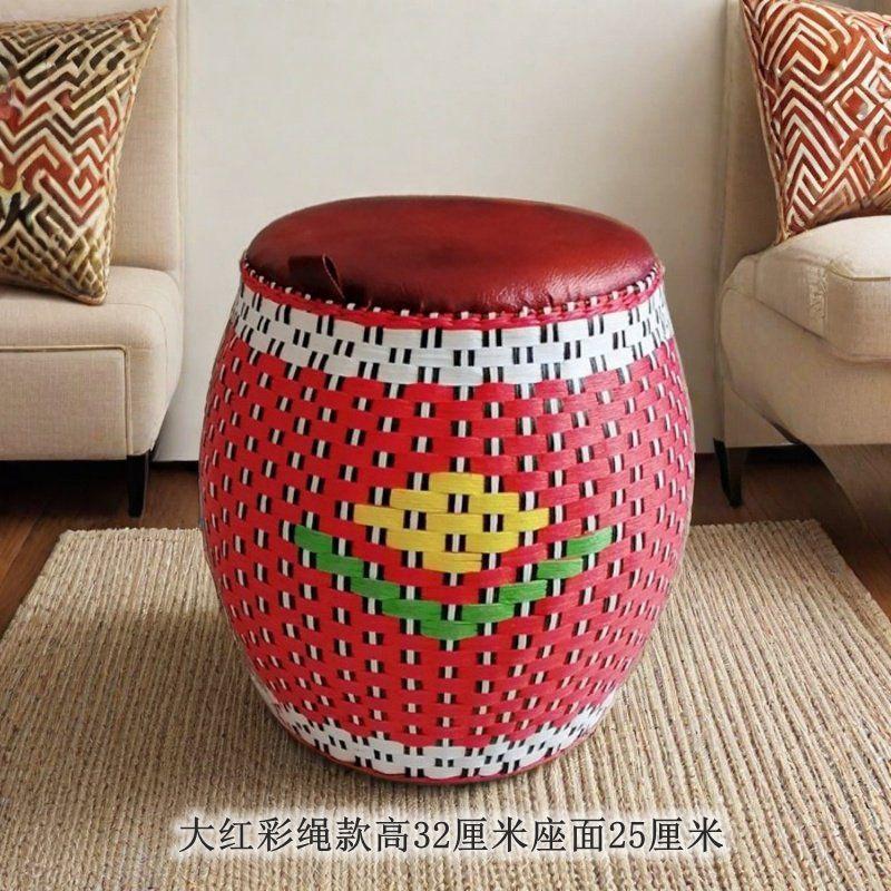 Round Rattan Ottoman Seat Cushion Handmade, Tatami Footstool, Tea Table Stool for Living Room, Low Height Chair