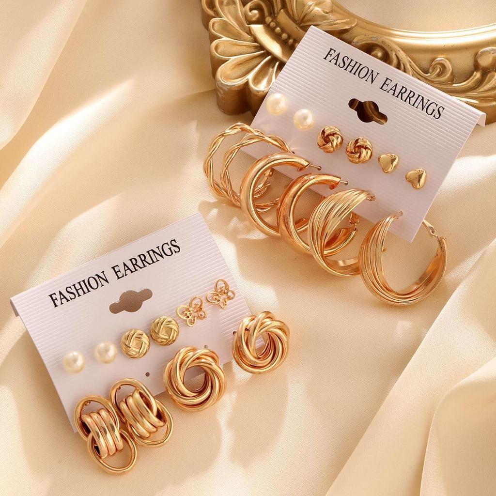 Exaggerated Geometric Butterfly Earrings Set: 12-Piece European and American Style Pearl Earrings for Women