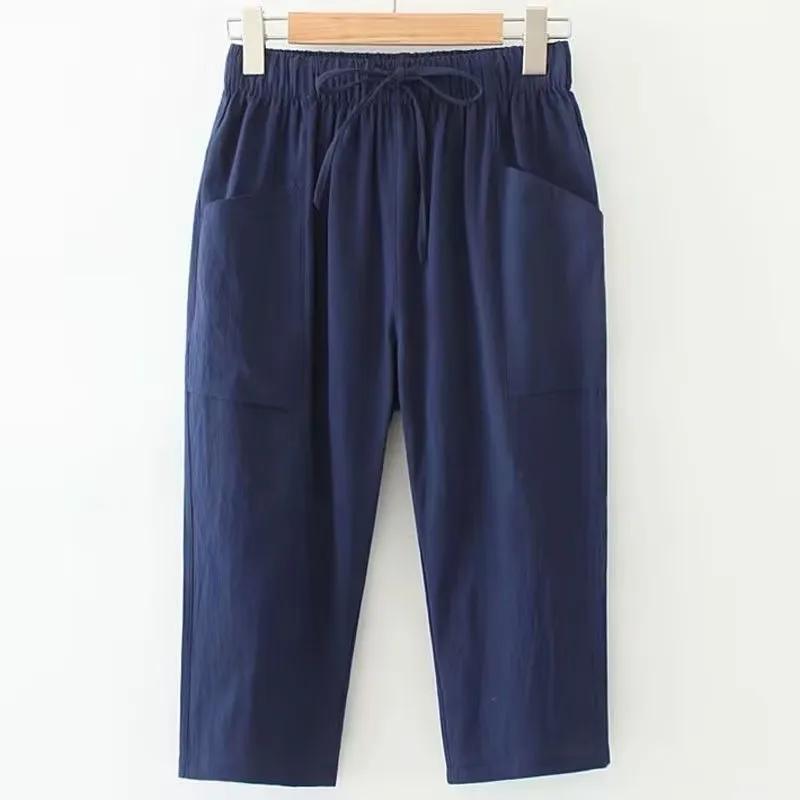 Plus Size Loose Plus Size Women's Casual Cotton Elastic Waist Straight Leg Seven-Foot Pants New Plus Size Clothing