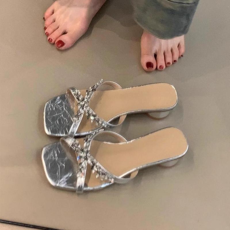 Fashion New French Rhinestone High Heels Women's Square Toe Open Toe Cross Strap Temperament Summer Outward Wear Sandals and Slippers