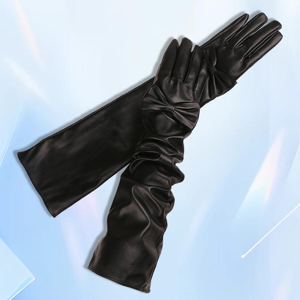 

Женские длинные кожаные перчатки из искусственной кожи с бантом, модные, теплые, для выступлений, для свадебного платья, удлиненные перчатки average size