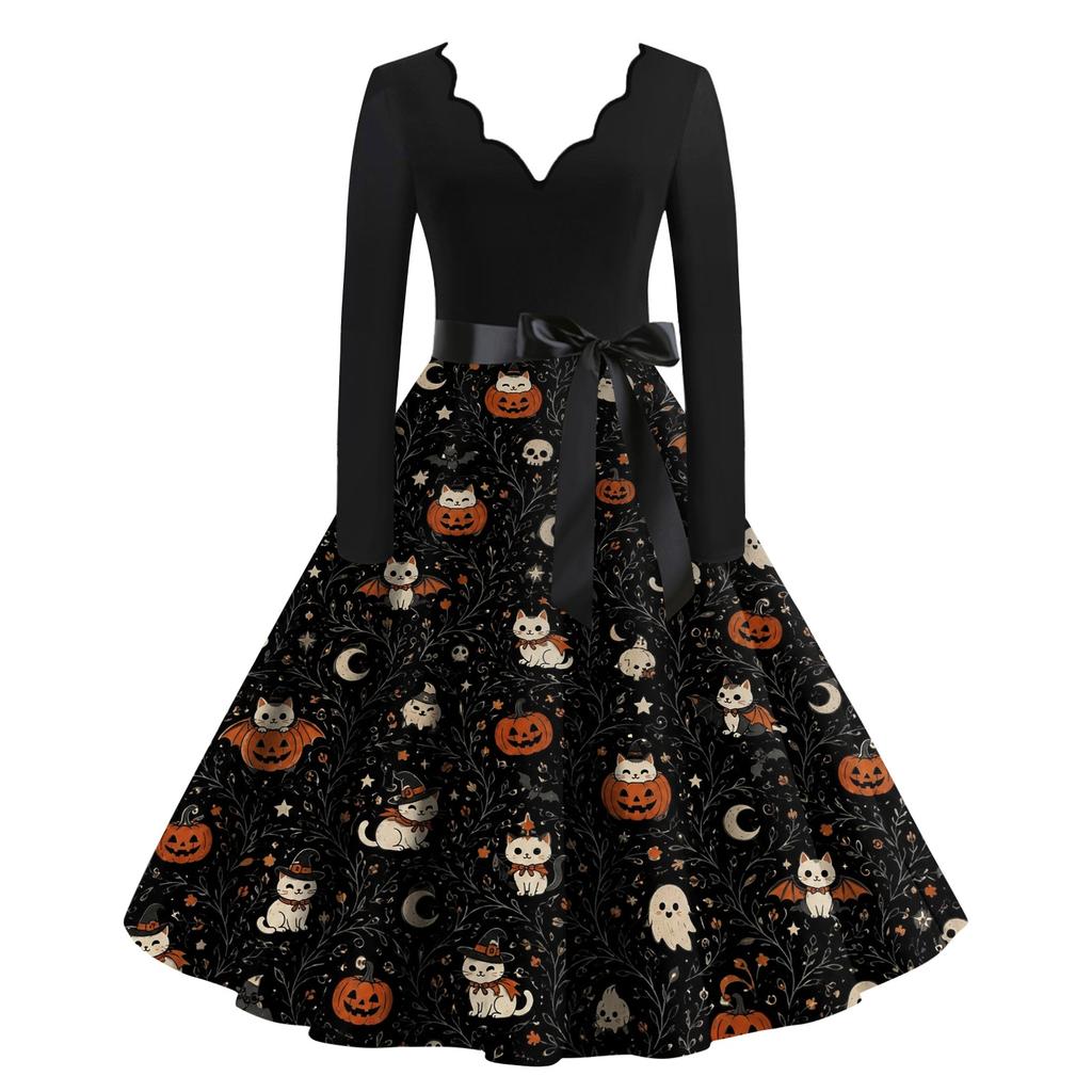 Women's Casual V Neck Long Sleeve Dress Halloween Print Fit and Flare Waist Tie Belt Knee Length Dress