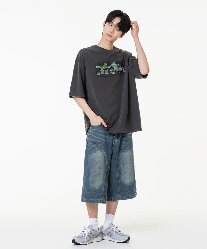 MOZMOZ Camo Logo 2-Type Pigment Short Sleeve T-Shirt Charcoal