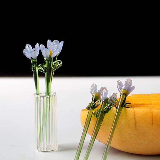 Mini-Fälschungskristall-Orchideenblütenfigur Handgeblasener kleiner Glasblumenstrauß mit Stiel für Frauen Mama Hochzeit Muttertag Büro Zuhause Tisch
