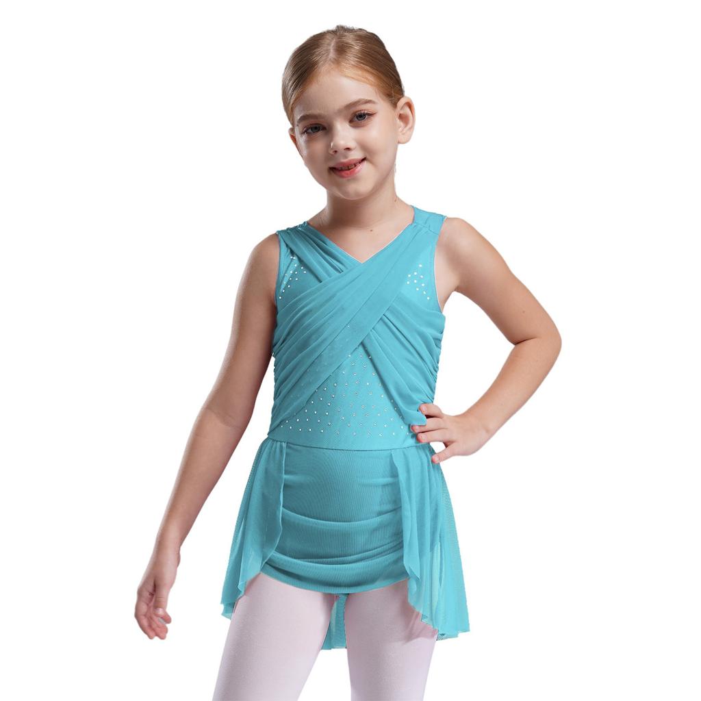 Girls Lyrical Dance Dress Cross Mesh Overlay Cutout Back Design Shiny Rhinestones Irregular Hem Figure Skating Gown
