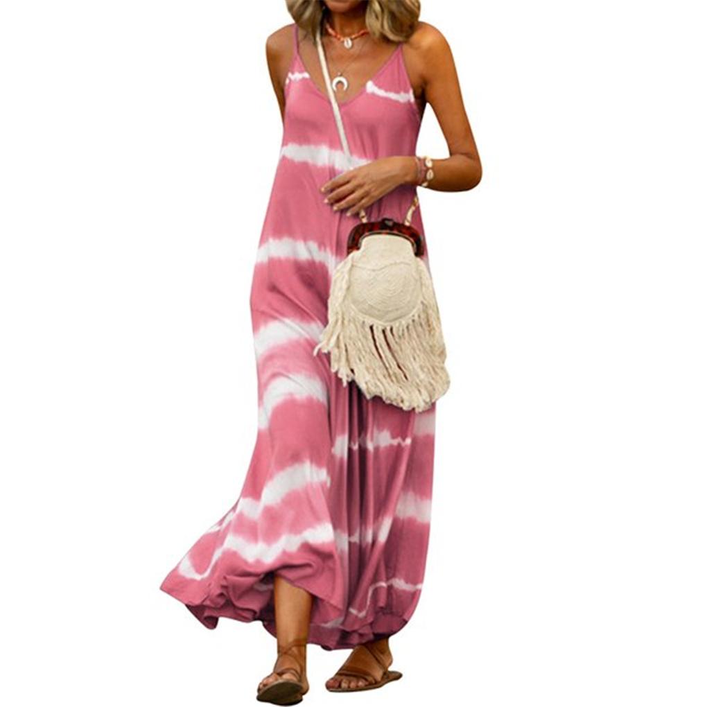 Women Tie Dyed Striped Printed V Neck Sleeveless Maxi Dress