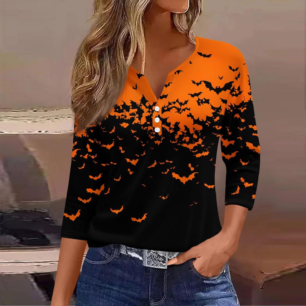 Women's Casual Fashion V-neck Loose Versatile Halloween Print Three-quarter Sleeve Top