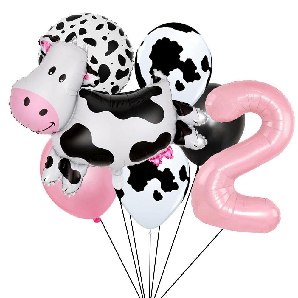 7pcs Cartoon Cow Balloon Pink Digital Balloon Set Baptismal Supplies Children's Gifts Birthday Party Decoration Photography Prop